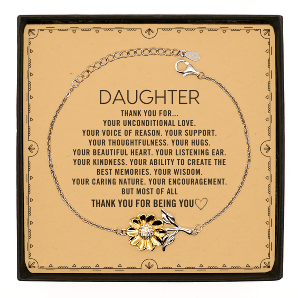 Daughter Sunflower Bracelet Custom, Message Card Gifts For Daughter Christmas Graduation Birthday Gifts for Men Women Daughter Thank you for Your unconditional love