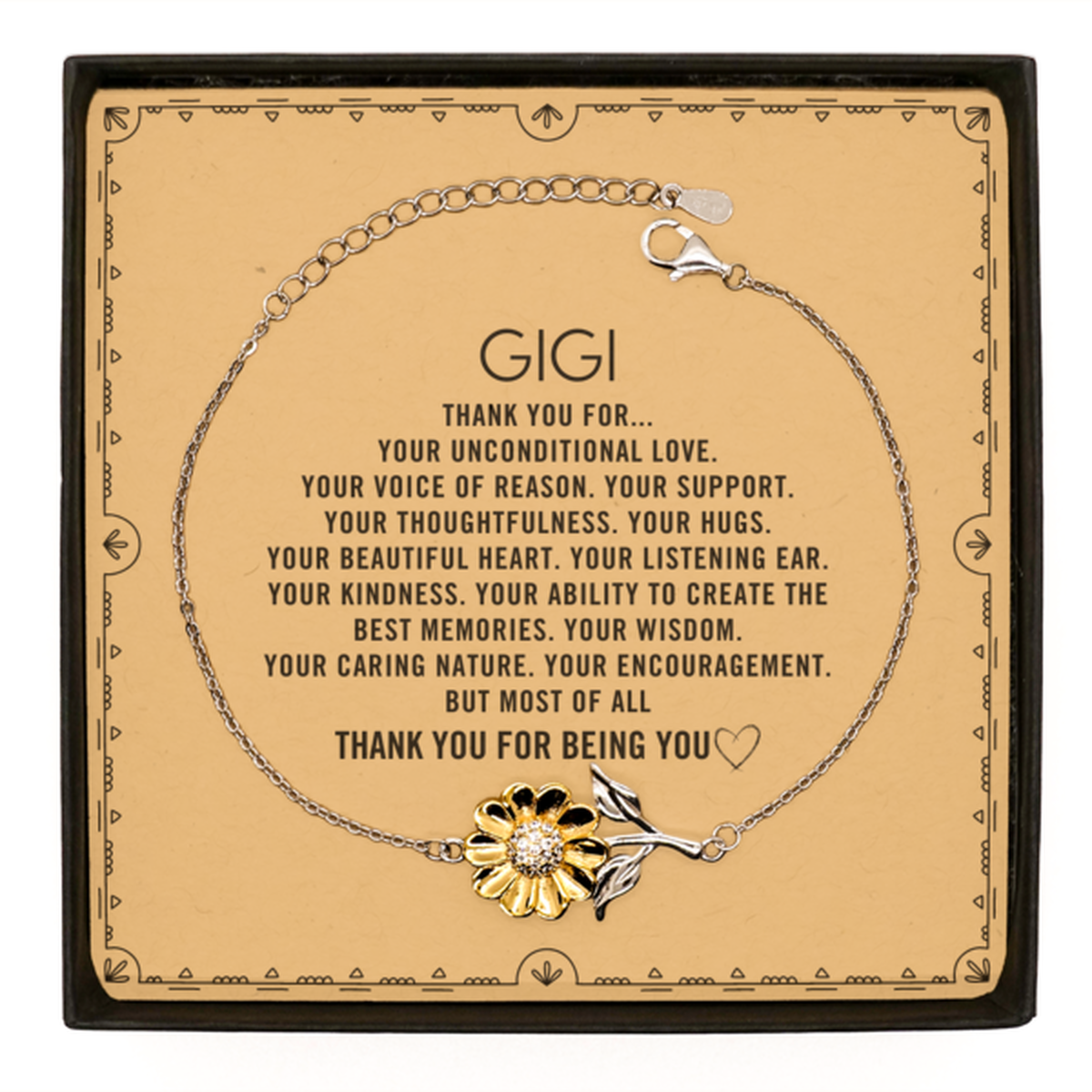 Gigi Sunflower Bracelet Custom, Message Card Gifts For Gigi Christmas Graduation Birthday Gifts for Men Women Gigi Thank you for Your unconditional love