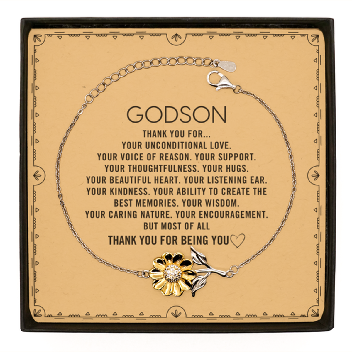 Godson Sunflower Bracelet Custom, Message Card Gifts For Godson Christmas Graduation Birthday Gifts for Men Women Godson Thank you for Your unconditional love