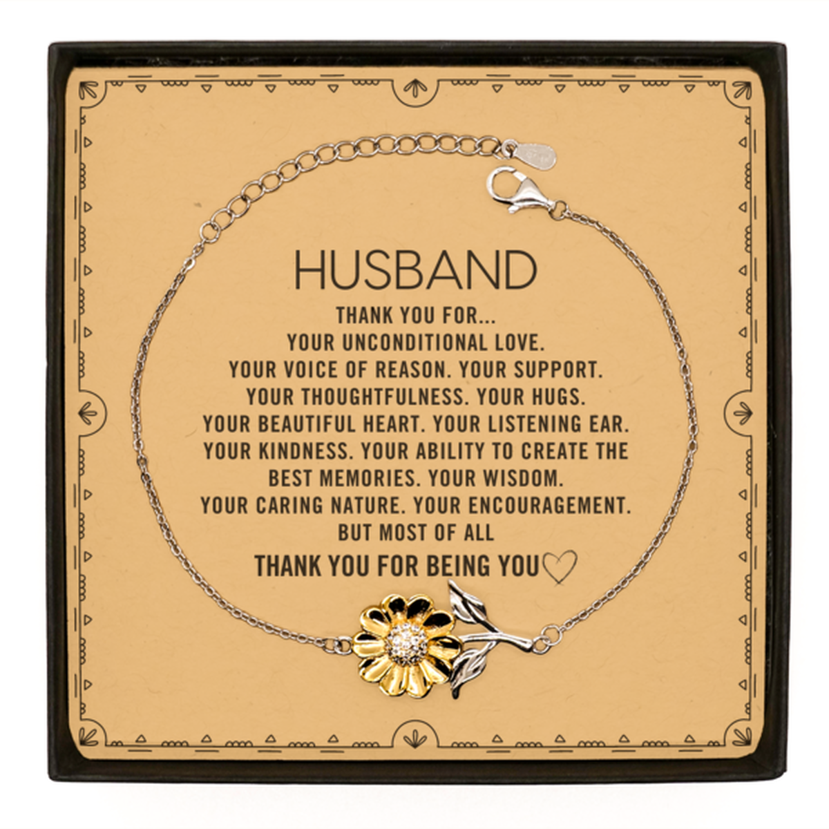 Husband Sunflower Bracelet Custom, Message Card Gifts For Husband Christmas Graduation Birthday Gifts for Men Women Husband Thank you for Your unconditional love