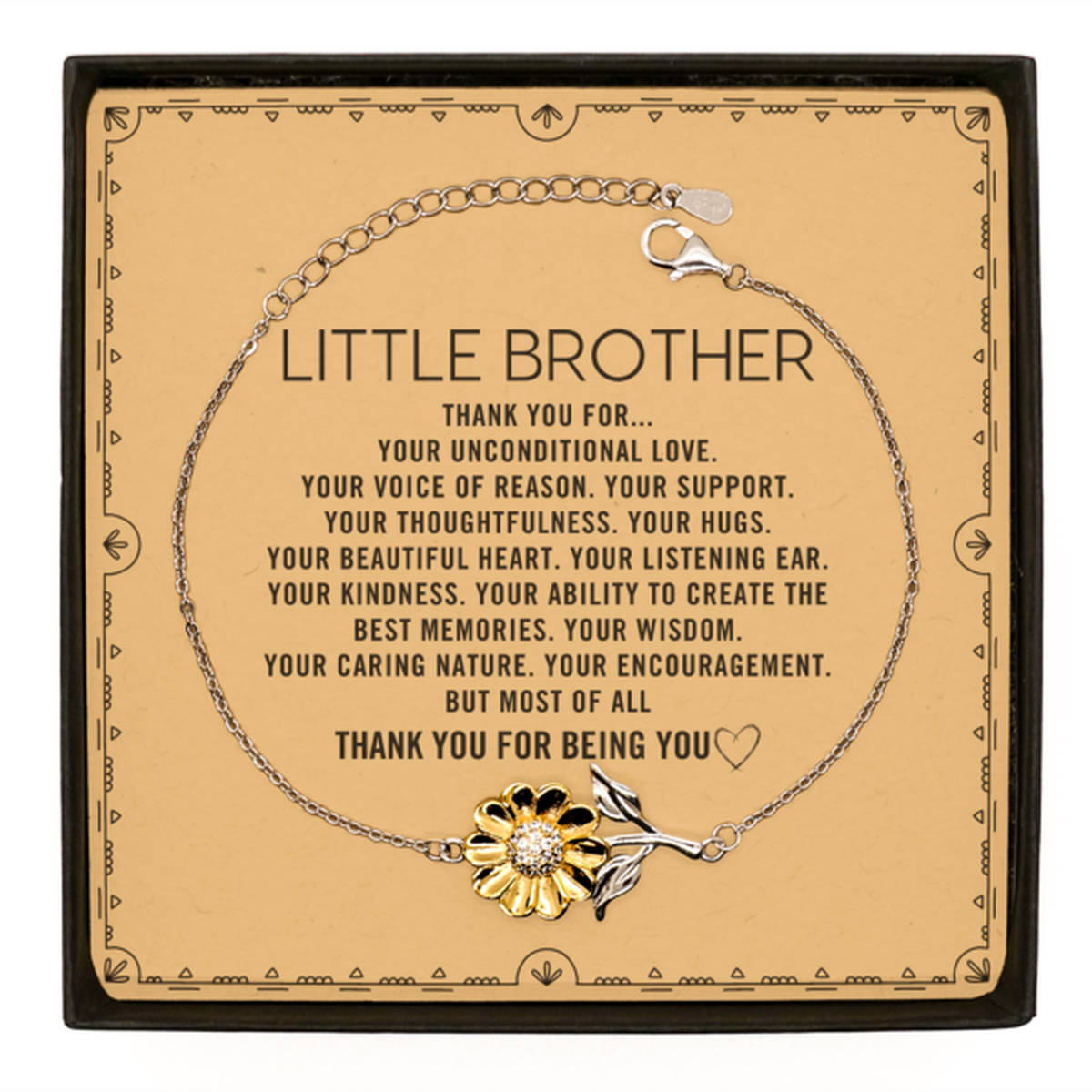 Little Brother Sunflower Bracelet Custom, Message Card Gifts For Little Brother Christmas Graduation Birthday Gifts for Men Women Little Brother Thank you for Your unconditional love