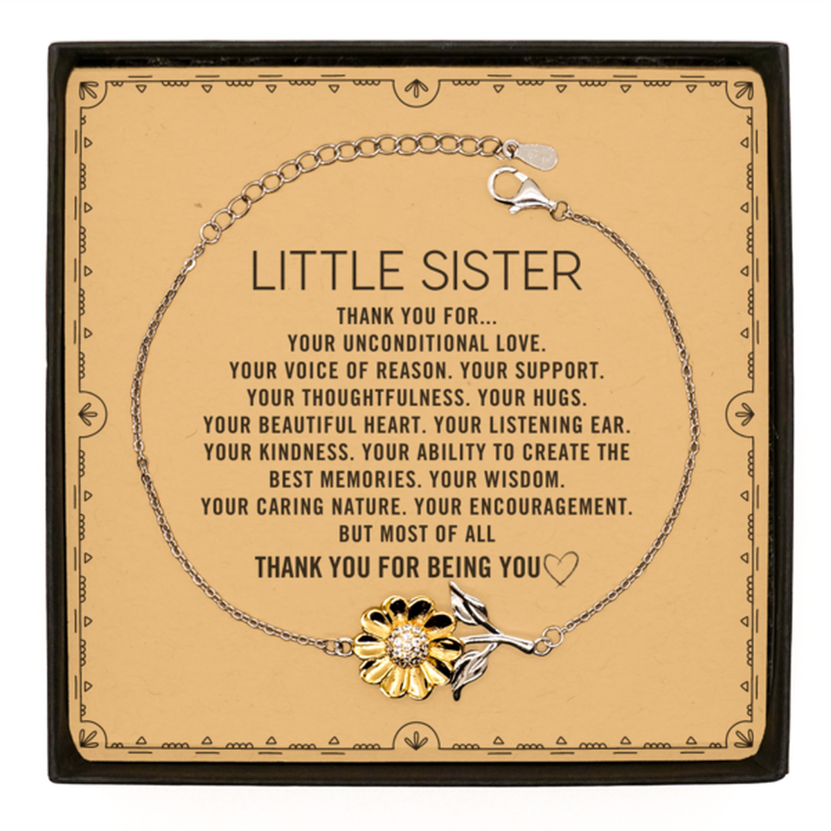 Little Sister Sunflower Bracelet Custom, Message Card Gifts For Little Sister Christmas Graduation Birthday Gifts for Men Women Little Sister Thank you for Your unconditional love