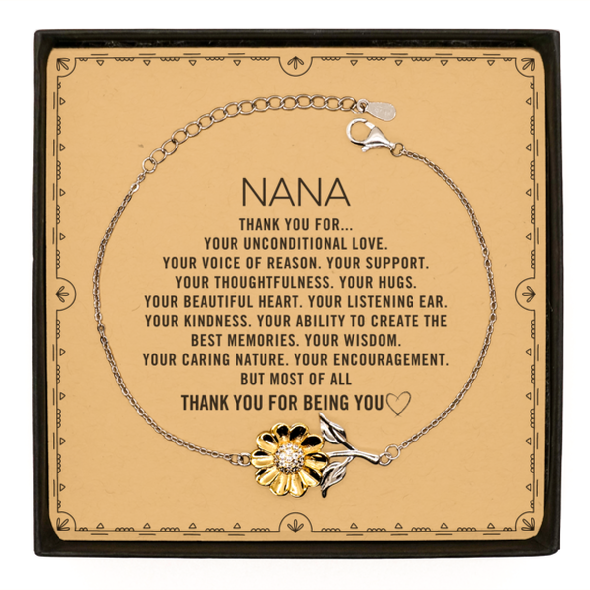 Nana Sunflower Bracelet Custom, Message Card Gifts For Nana Christmas Graduation Birthday Gifts for Men Women Nana Thank you for Your unconditional love