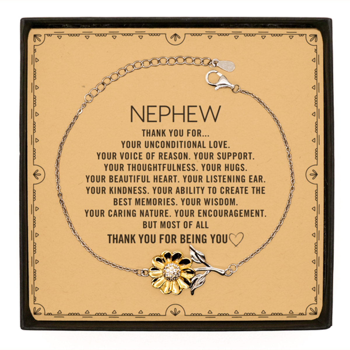 Nephew Sunflower Bracelet Custom, Message Card Gifts For Nephew Christmas Graduation Birthday Gifts for Men Women Nephew Thank you for Your unconditional love