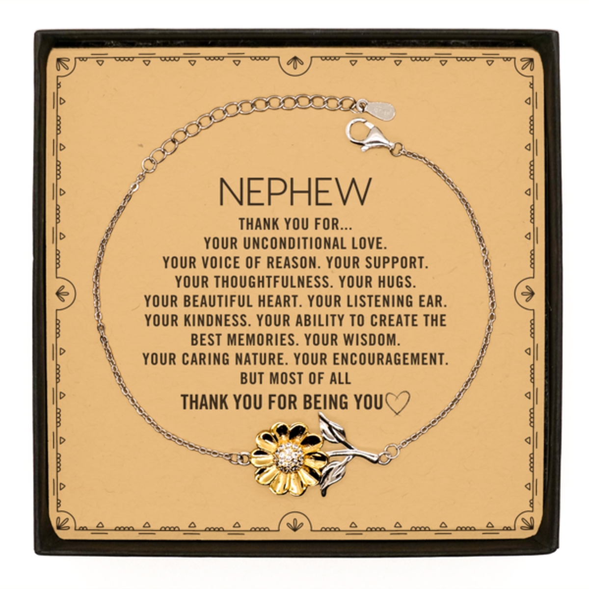 Nephew Sunflower Bracelet Custom, Message Card Gifts For Nephew Christmas Graduation Birthday Gifts for Men Women Nephew Thank you for Your unconditional love