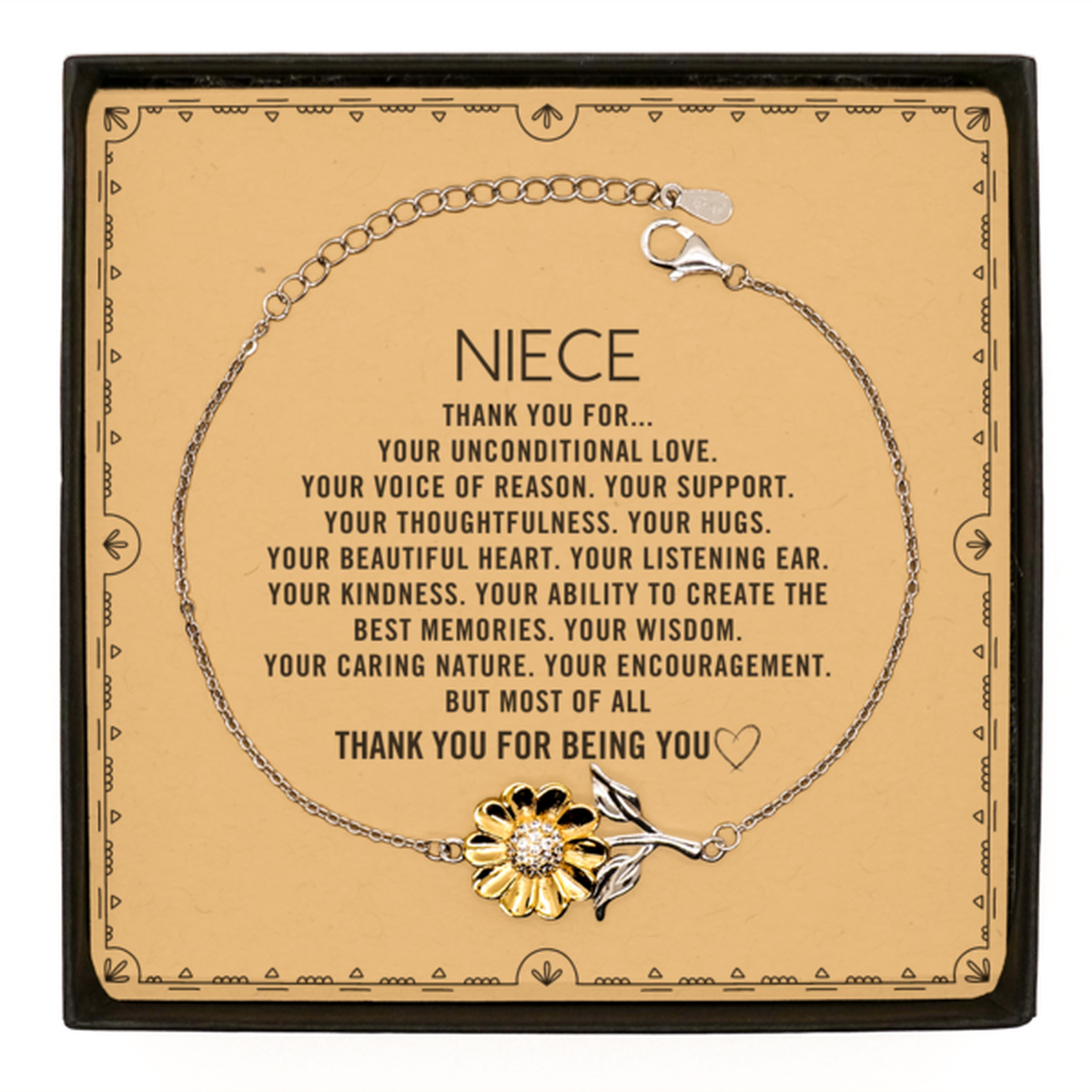Niece Sunflower Bracelet Custom, Message Card Gifts For Niece Christmas Graduation Birthday Gifts for Men Women Niece Thank you for Your unconditional love