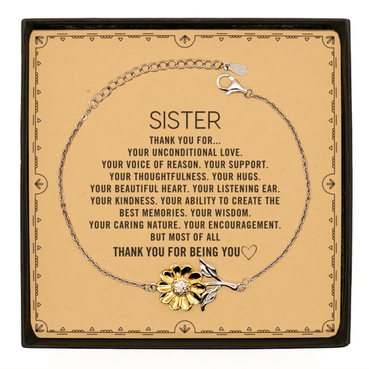 Sister Sunflower Bracelet Custom, Message Card Gifts For Sister Christmas Graduation Birthday Gifts for Men Women Sister Thank you for Your unconditional love