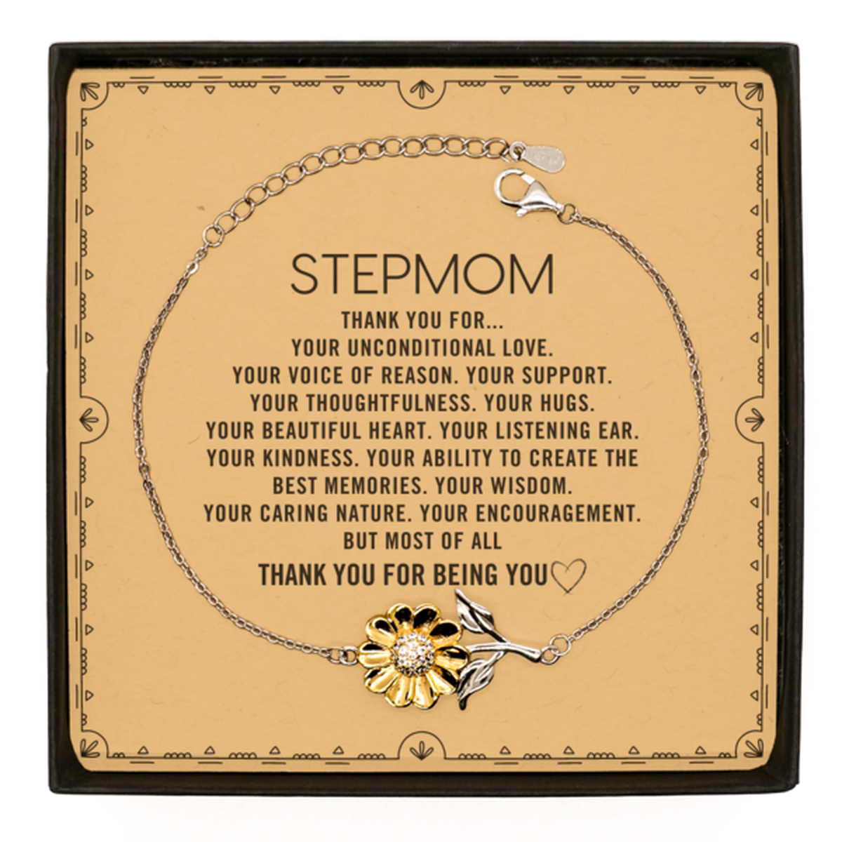 Stepmom Sunflower Bracelet Custom, Message Card Gifts For Stepmom Christmas Graduation Birthday Gifts for Men Women Stepmom Thank you for Your unconditional love