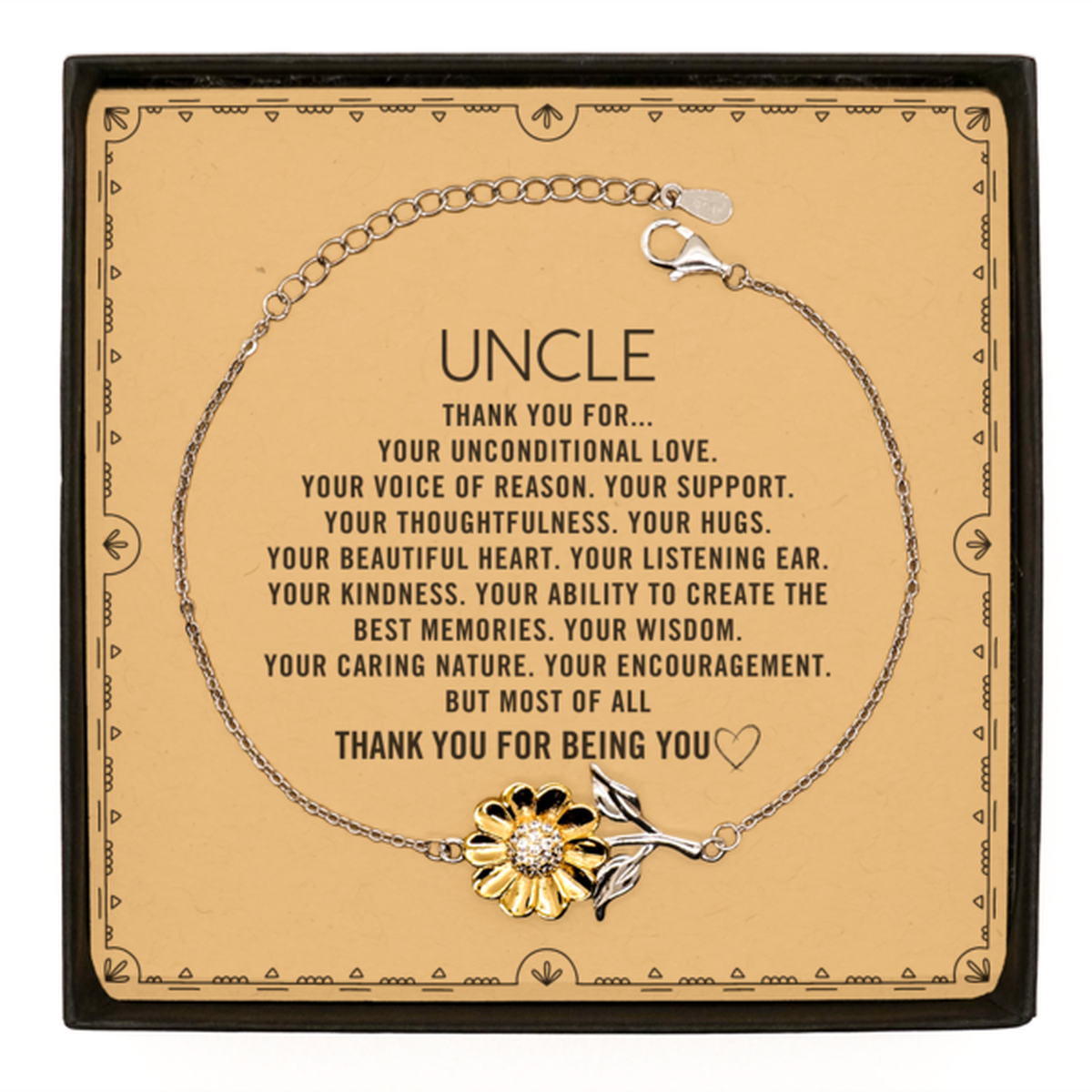 Uncle Sunflower Bracelet Custom, Message Card Gifts For Uncle Christmas Graduation Birthday Gifts for Men Women Uncle Thank you for Your unconditional love