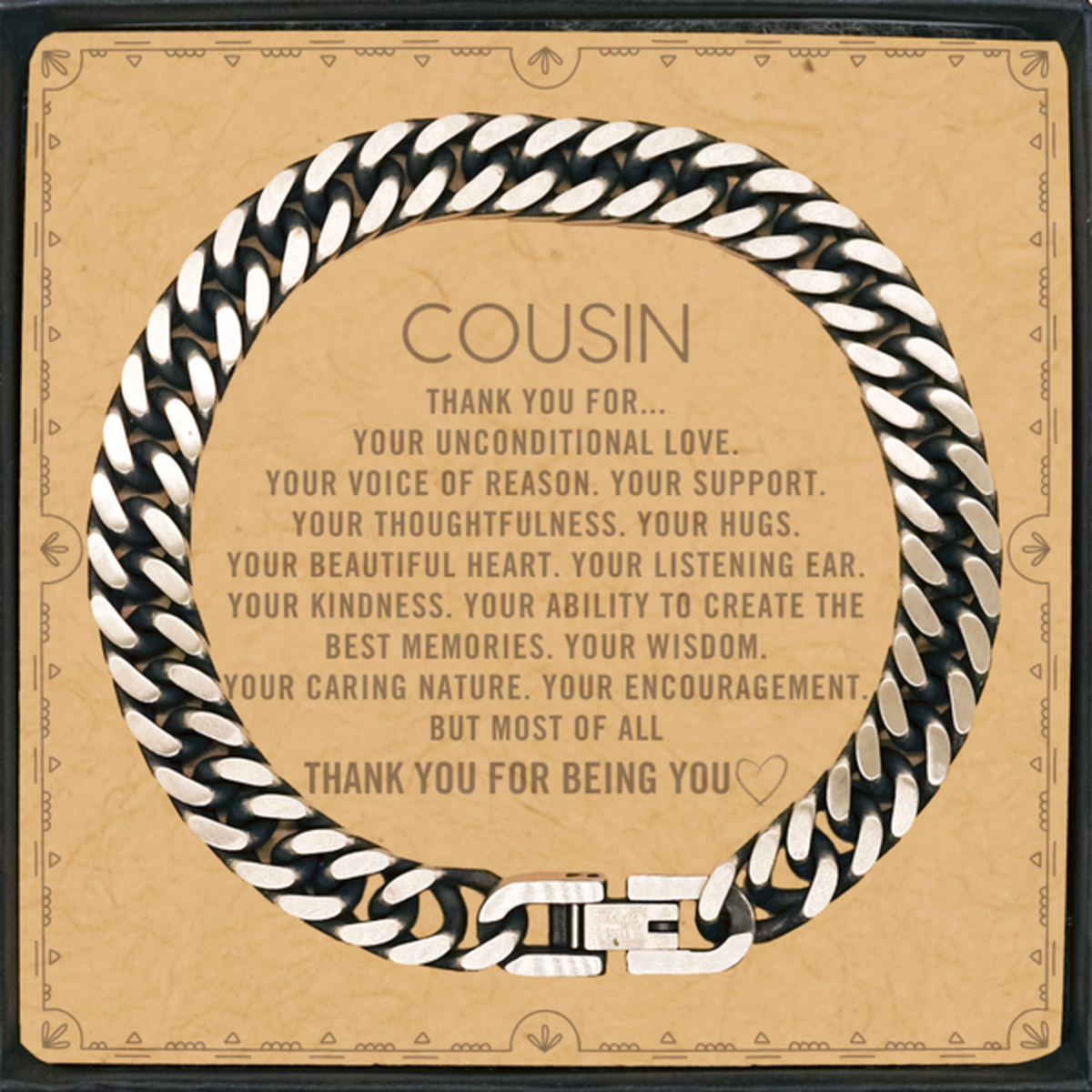 Cousin Cuban Link Chain Bracelet Custom, Message Card Gifts For Cousin Christmas Graduation Birthday Gifts for Men Women Cousin Thank you for Your unconditional love