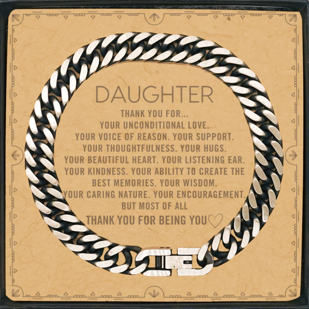 Daughter Cuban Link Chain Bracelet Custom, Message Card Gifts For Daughter Christmas Graduation Birthday Gifts for Men Women Daughter Thank you for Your unconditional love