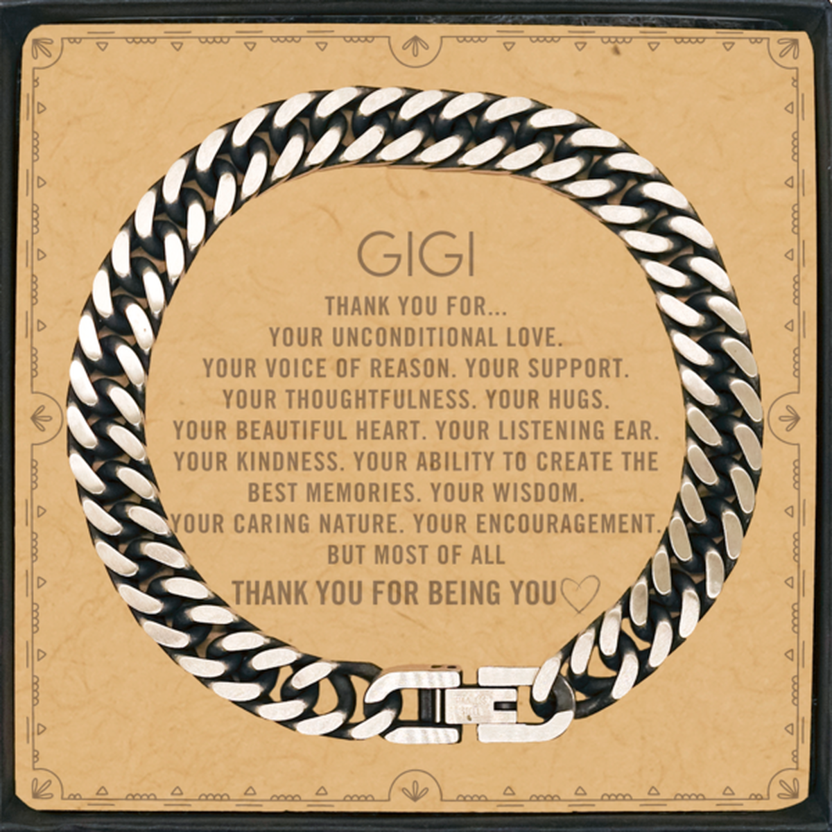Gigi Cuban Link Chain Bracelet Custom, Message Card Gifts For Gigi Christmas Graduation Birthday Gifts for Men Women Gigi Thank you for Your unconditional love