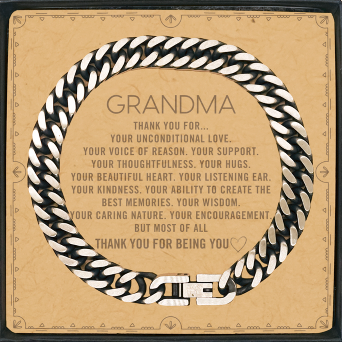 Grandma Cuban Link Chain Bracelet Custom, Message Card Gifts For Grandma Christmas Graduation Birthday Gifts for Men Women Grandma Thank you for Your unconditional love