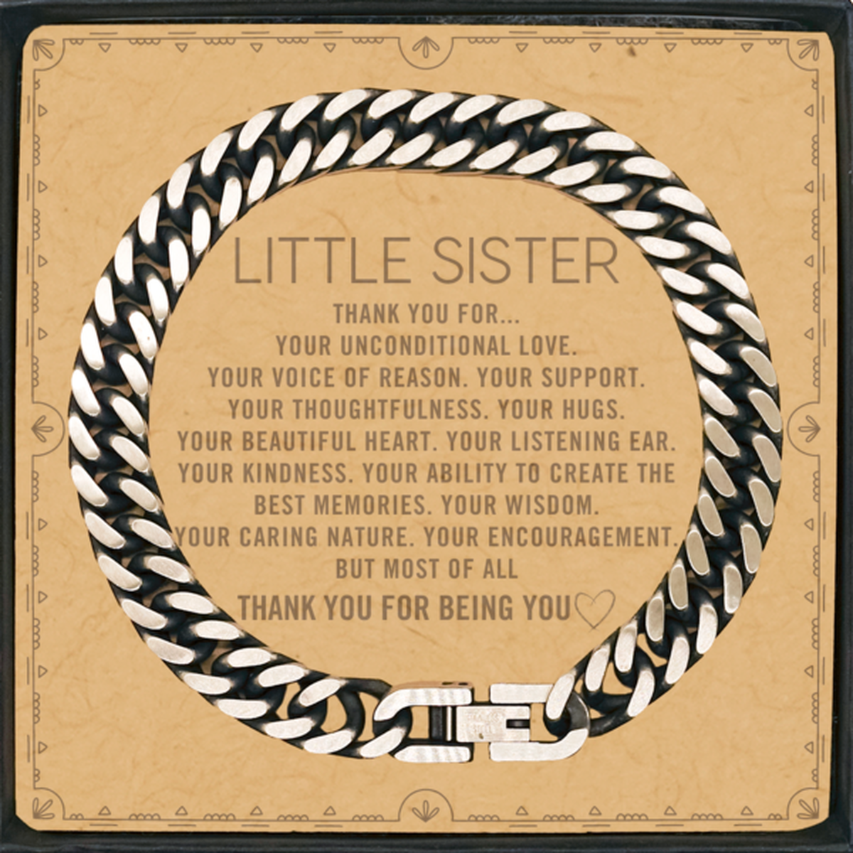 Little Sister Cuban Link Chain Bracelet Custom, Message Card Gifts For Little Sister Christmas Graduation Birthday Gifts for Men Women Little Sister Thank you for Your unconditional love