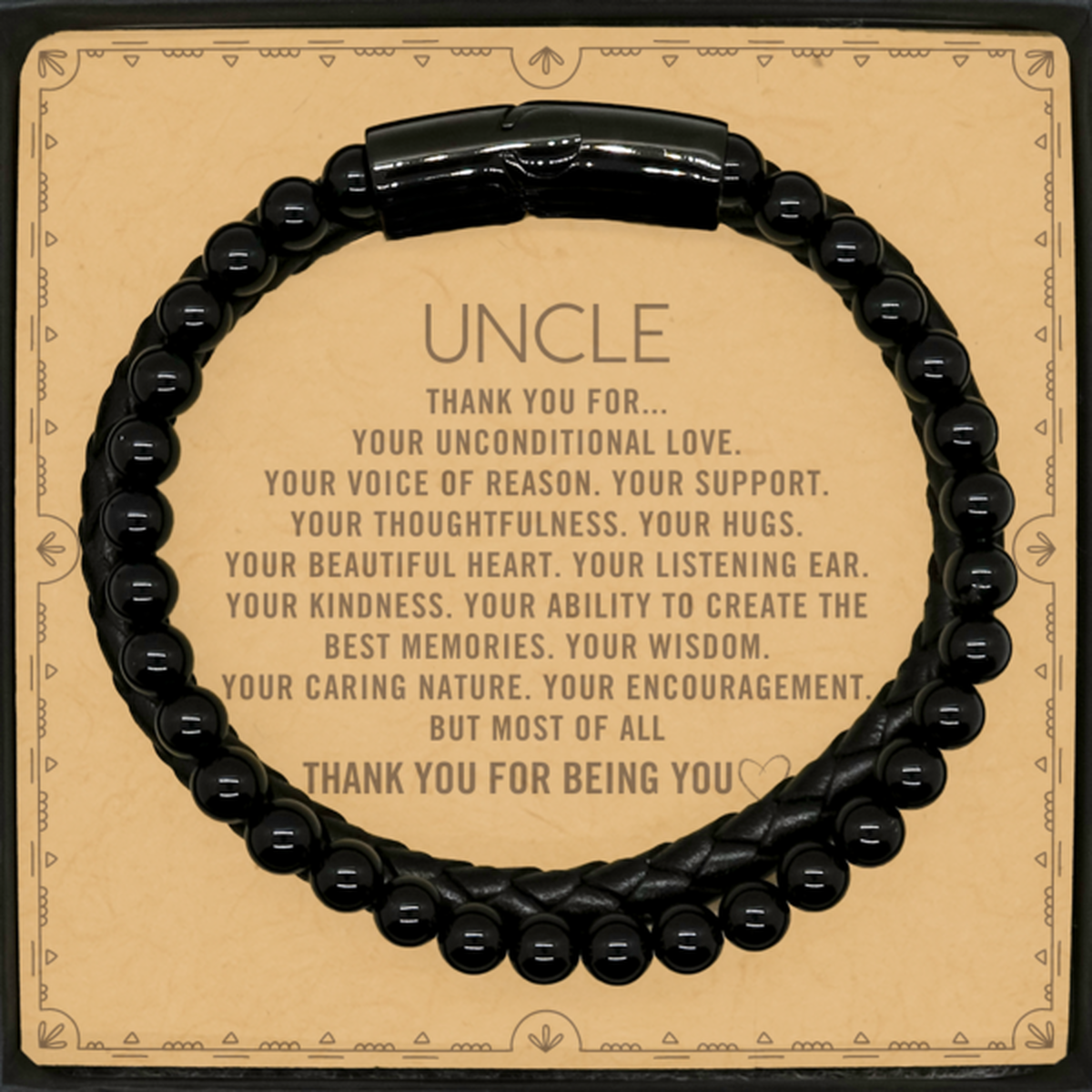 Uncle Stone Leather Bracelets Custom, Message Card Gifts For Uncle Christmas Graduation Birthday Gifts for Men Women Uncle Thank you for Your unconditional love