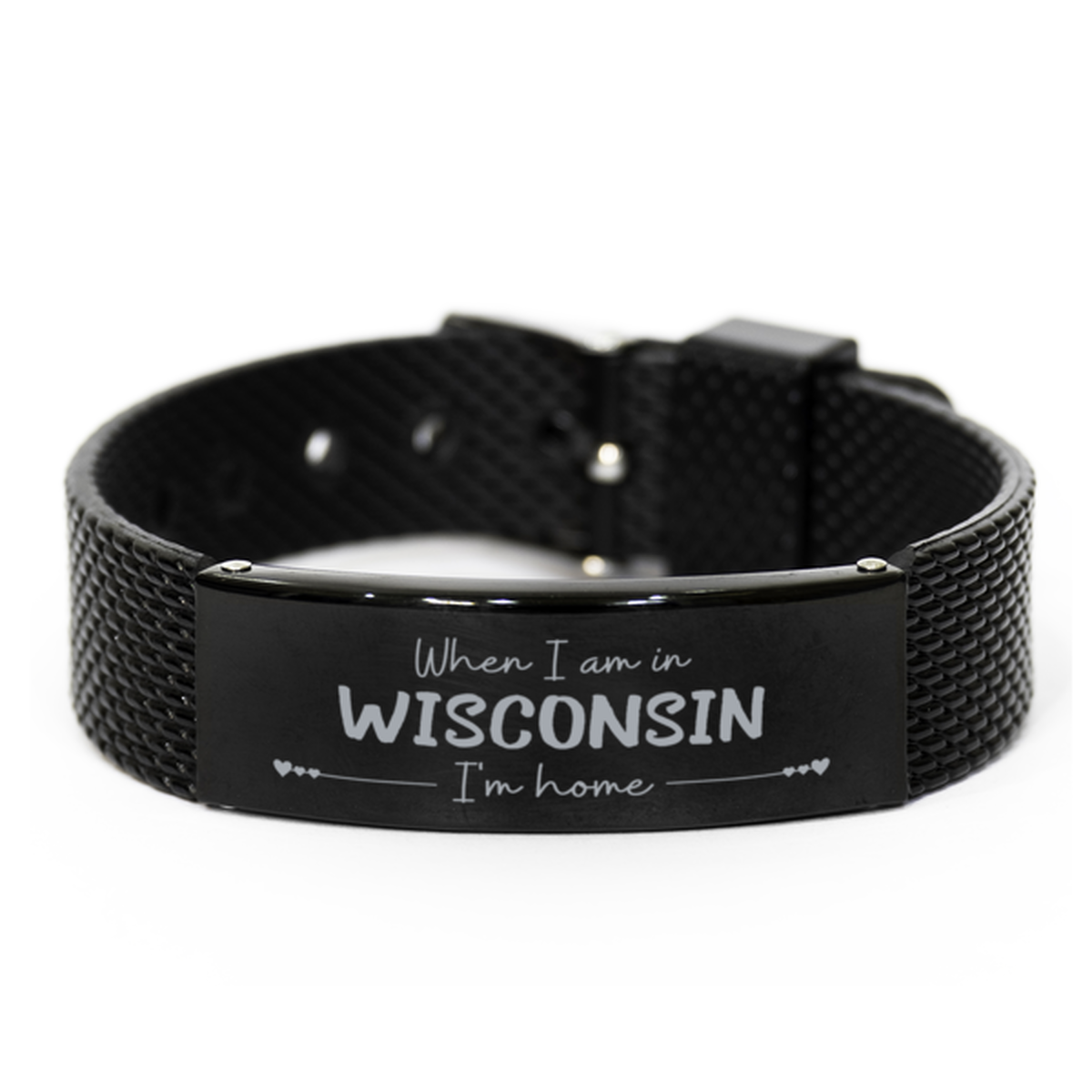 When I am in Wisconsin I'm home Black Shark Mesh Bracelet, Cheap Gifts For Wisconsin, State Wisconsin Birthday Gifts for Friends Coworker