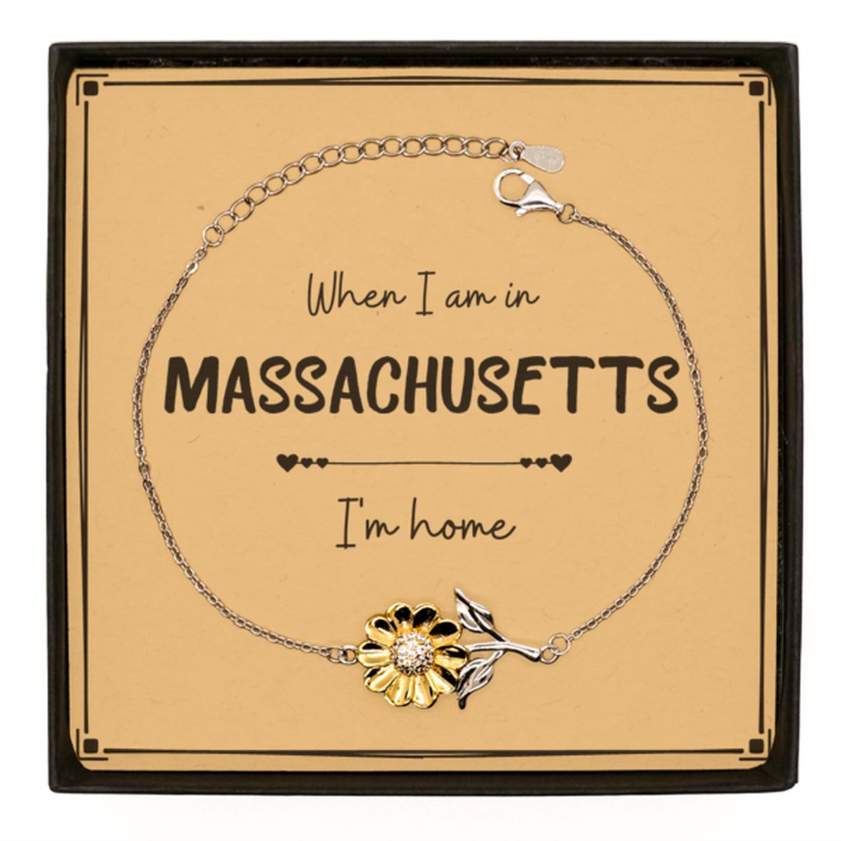When I am in Massachusetts I'm home Sunflower Bracelet, Message Card Gifts For Massachusetts, State Massachusetts Birthday Gifts for Friends Coworker