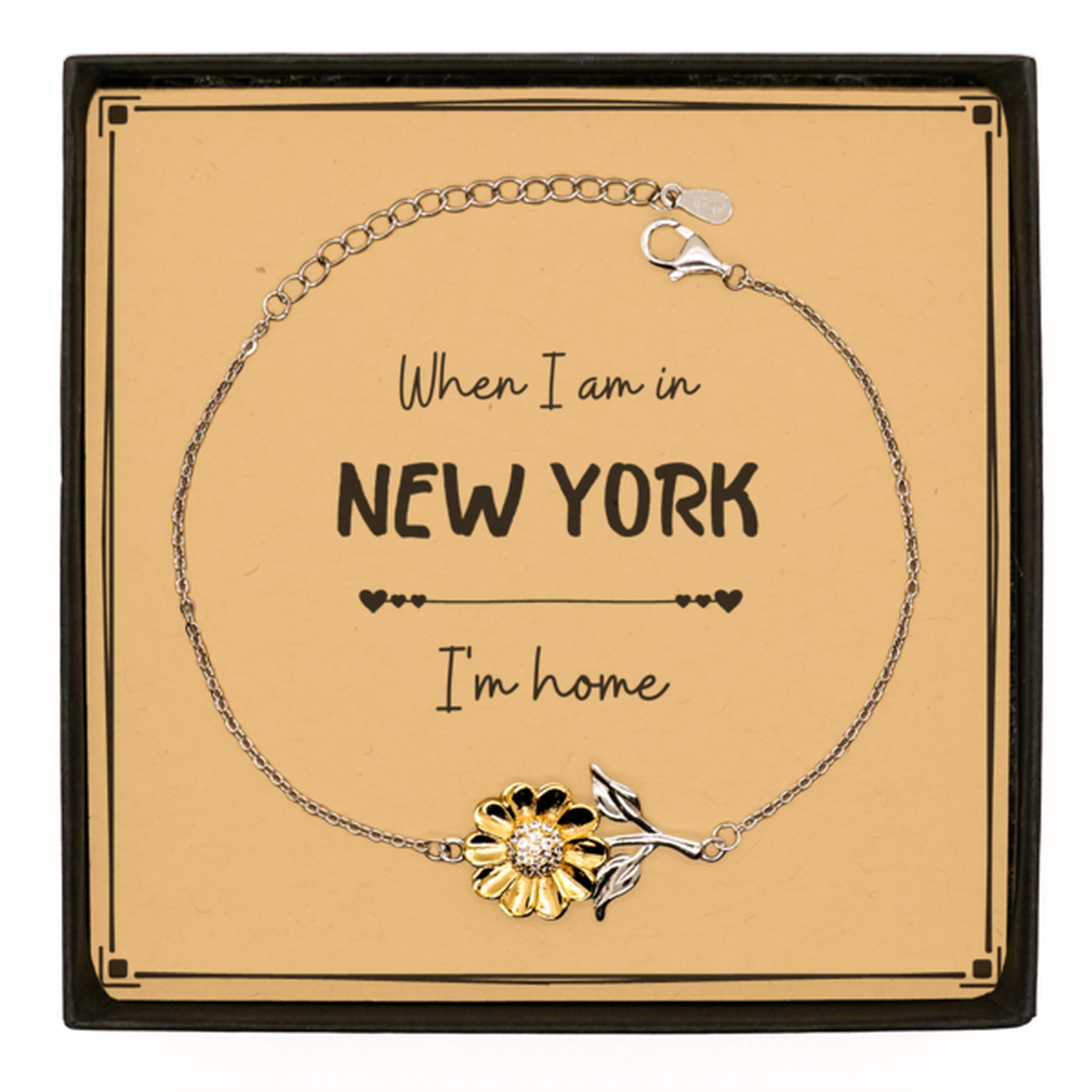 When I am in New York I'm home Sunflower Bracelet, Message Card Gifts For New York, State New York Birthday Gifts for Friends Coworker