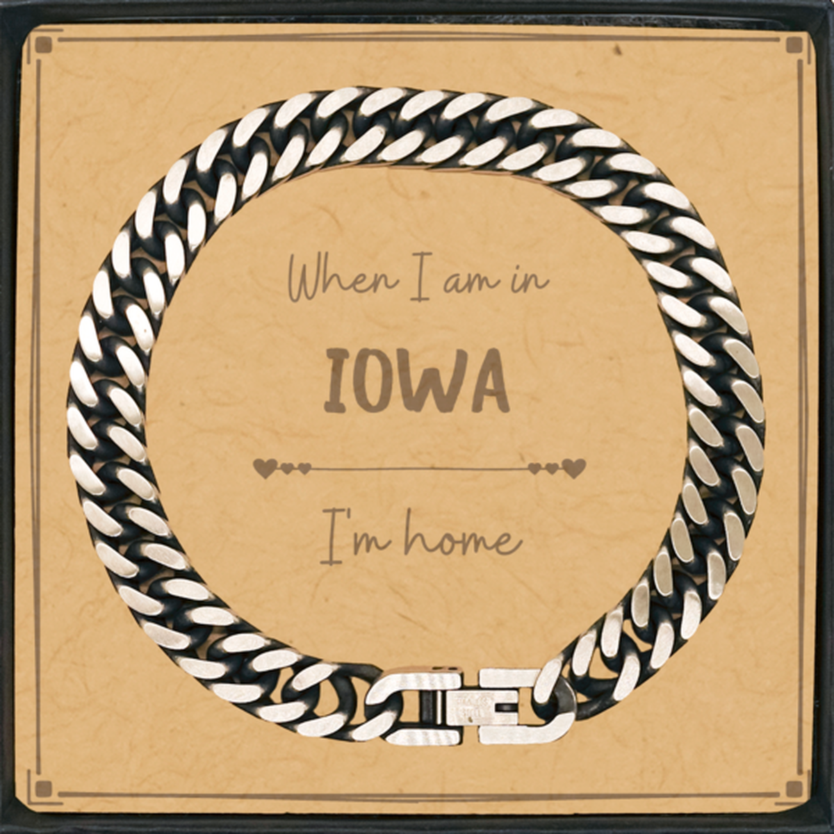 When I am in Iowa I'm home Cuban Link Chain Bracelet, Message Card Gifts For Iowa, State Iowa Birthday Gifts for Friends Coworker