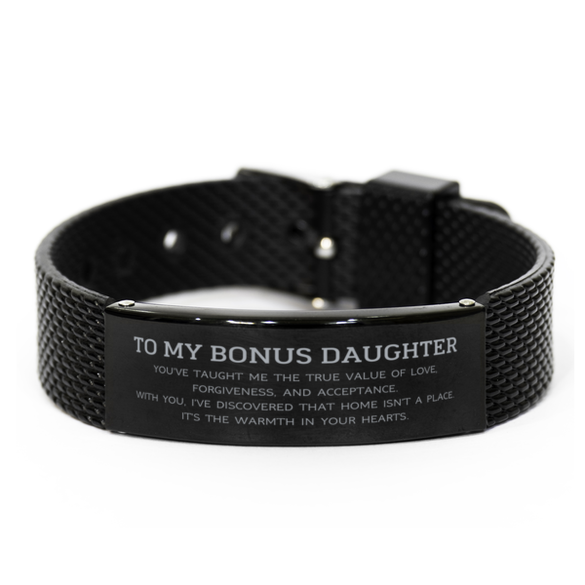 To My Bonus Daughter Gifts, You've taught me the true value of love, Thank You Gifts For Bonus Daughter, Birthday Black Shark Mesh Bracelet For Bonus Daughter