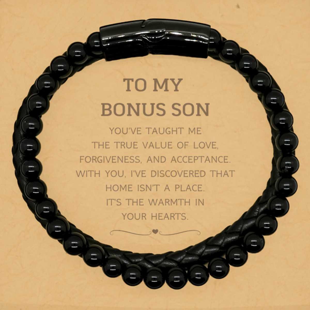 To My Bonus Son Gifts, You've taught me the true value of love, Thank You Gifts For Bonus Son, Birthday Stone Leather Bracelets For Bonus Son