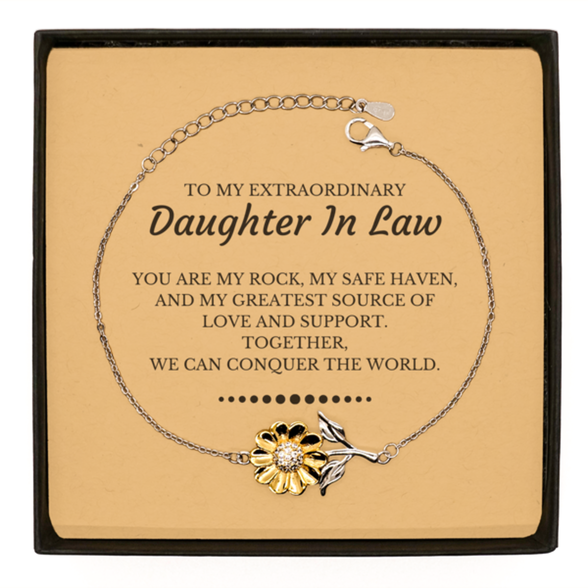 To My Extraordinary Daughter In Law Gifts, Together, we can conquer the world, Birthday Sunflower Bracelet For Daughter In Law, Christmas Gifts For Daughter In Law