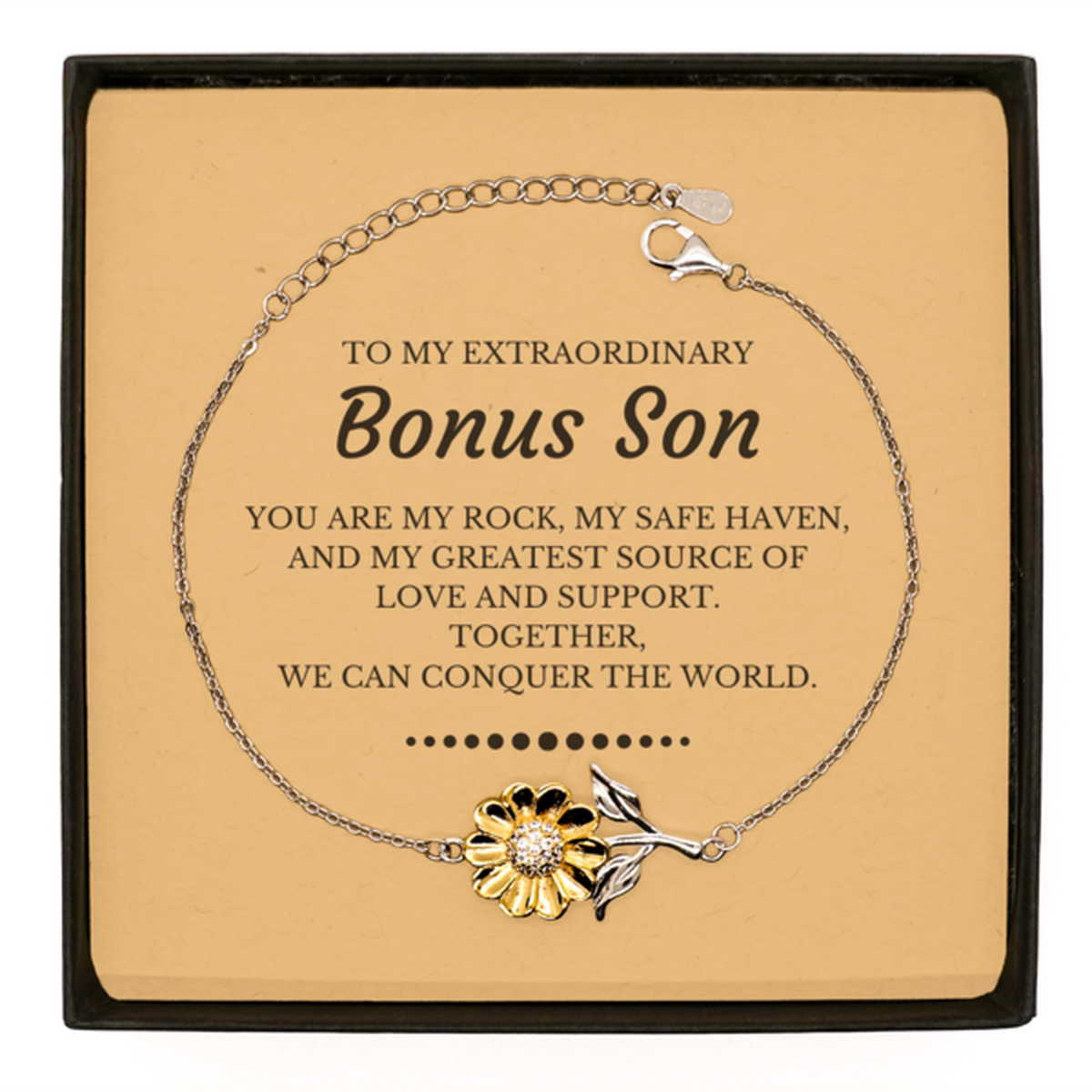 To My Extraordinary Bonus Son Gifts, Together, we can conquer the world, Birthday Sunflower Bracelet For Bonus Son, Christmas Gifts For Bonus Son