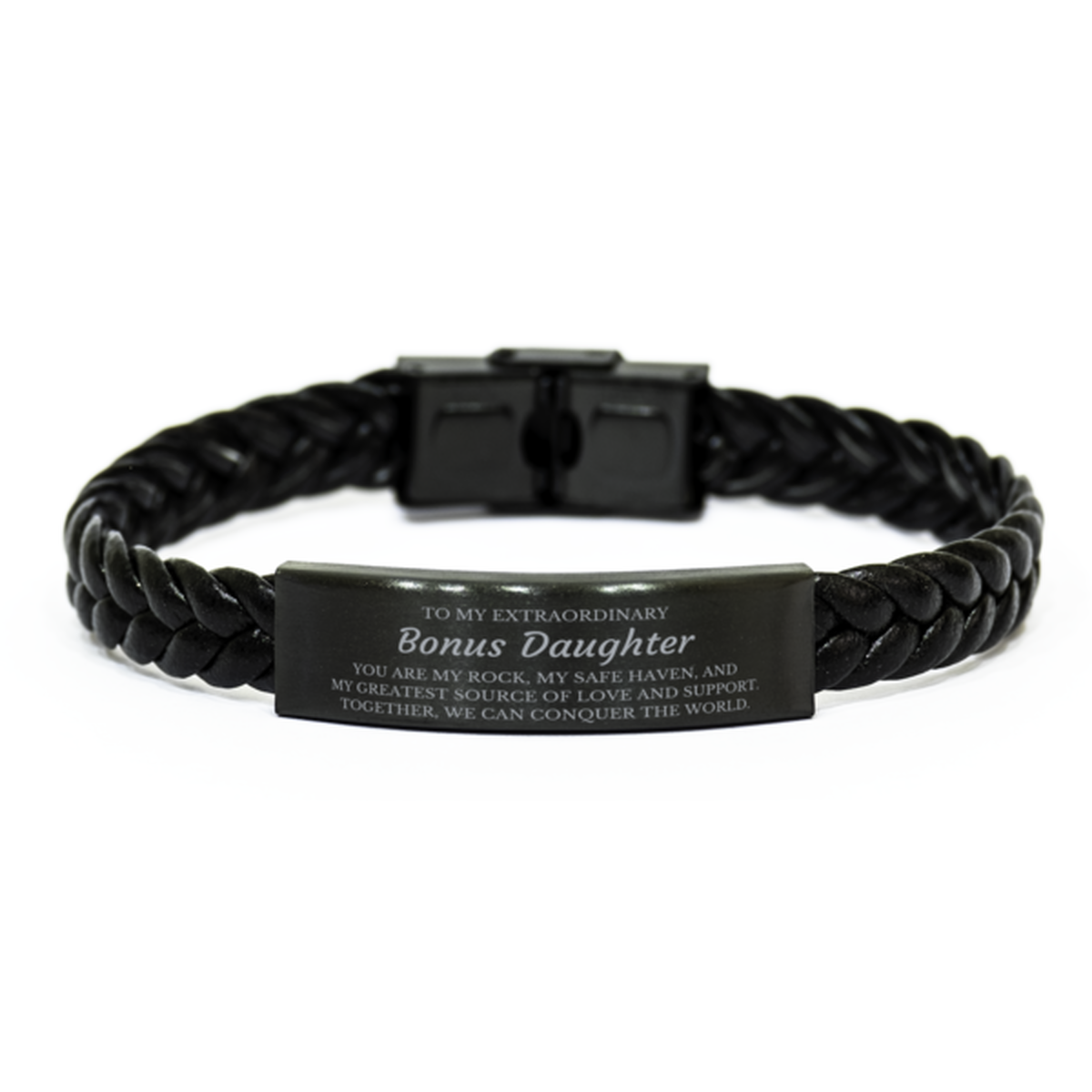 Bonus Daughter Braided Leather Bracelet - Together We Can Conquer The World | Birthday Gift