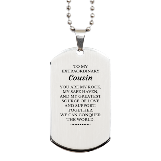 Cousin Silver Dog Tag Necklace - Together We Can Conquer The World | Birthday & Christmas Gift