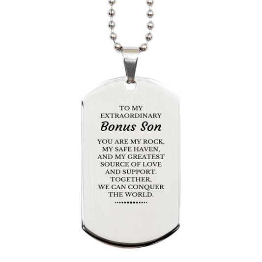 Bonus Son Silver Dog Tag Necklace - Together We Can Conquer the World | Birthday & Christmas Gift