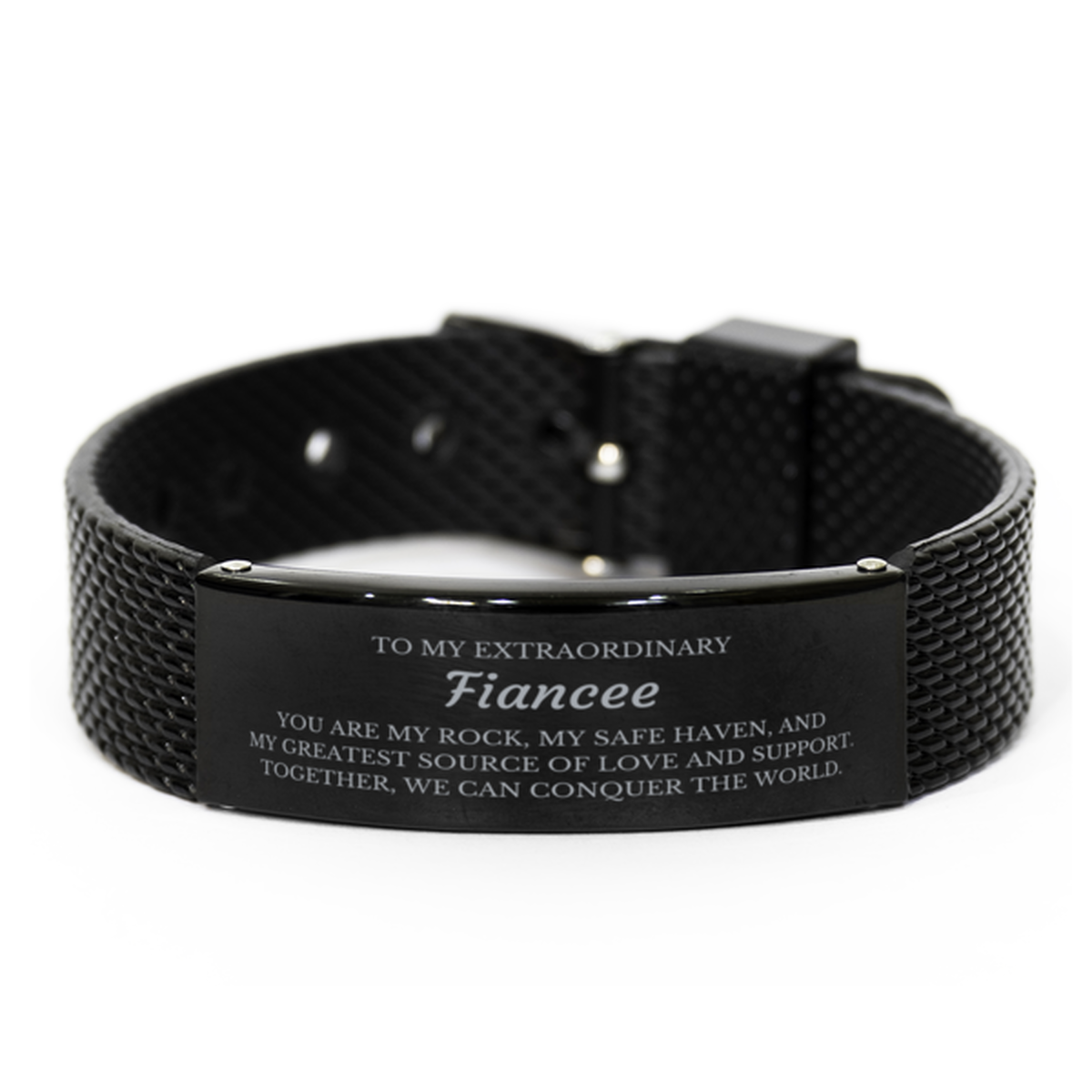 To My Extraordinary Fiancee Gifts, Together, we can conquer the world, Birthday Black Shark Mesh Bracelet For Fiancee, Christmas Gifts For Fiancee