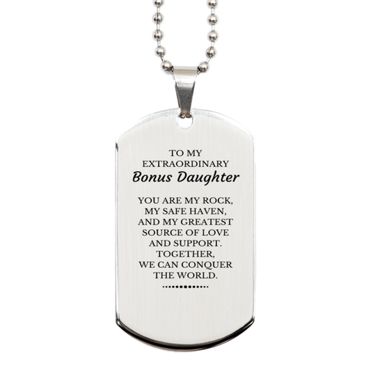 Bonus Daughter Silver Dog Tag Necklace - Together, We Can Conquer the World | Birthday & Christmas Gift