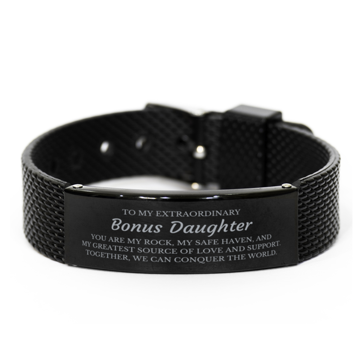 To My Extraordinary Bonus Daughter Gifts, Together, we can conquer the world, Birthday Black Shark Mesh Bracelet For Bonus Daughter, Christmas Gifts For Bonus Daughter