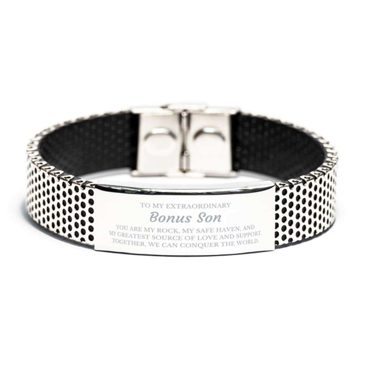 To My Extraordinary Bonus Son Gifts, Together, we can conquer the world, Birthday Stainless Steel Bracelet For Bonus Son, Christmas Gifts For Bonus Son
