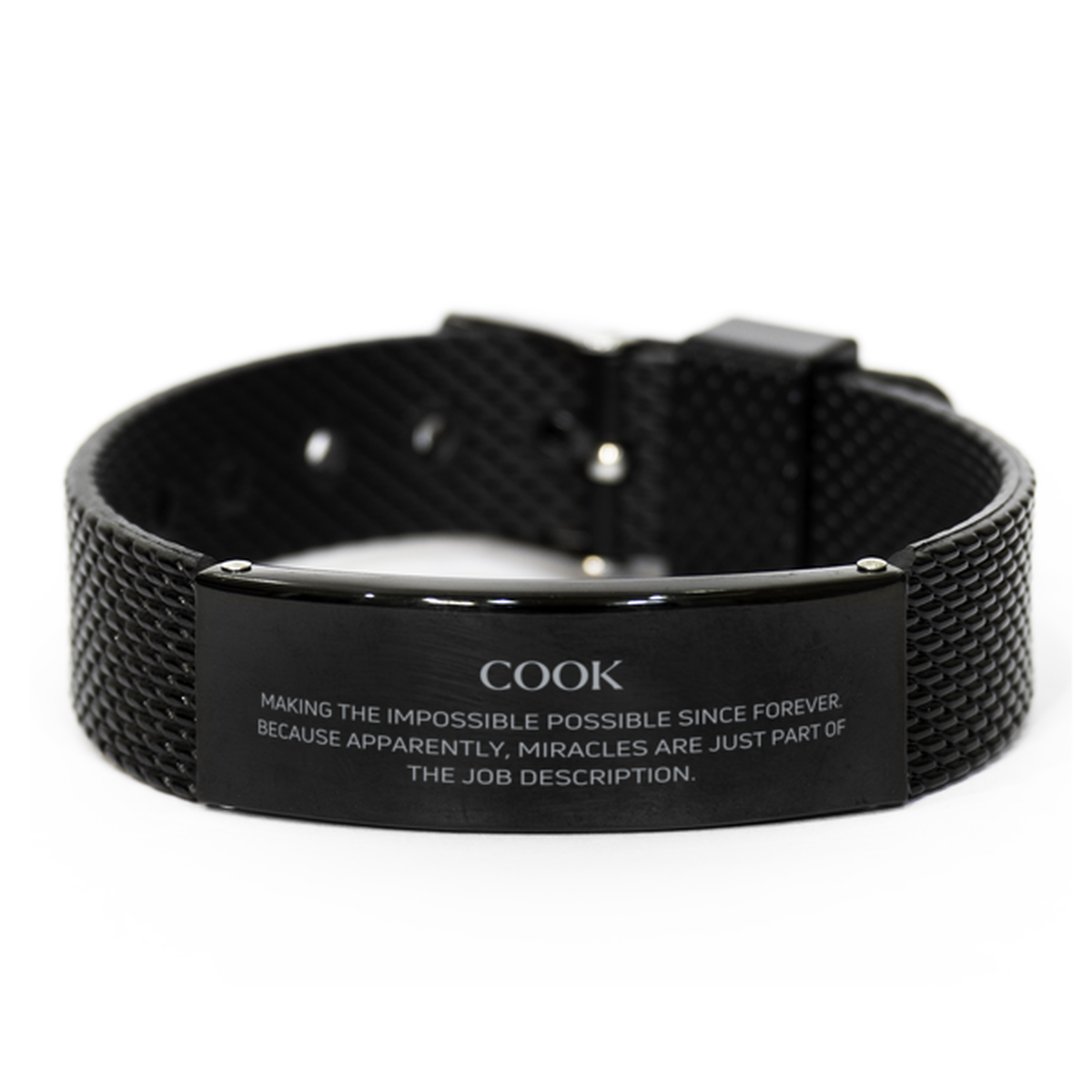 Funny Cook Gifts, Miracles are just part of the job description, Inspirational Birthday Black Shark Mesh Bracelet For Cook, Men, Women, Coworkers, Friends, Boss