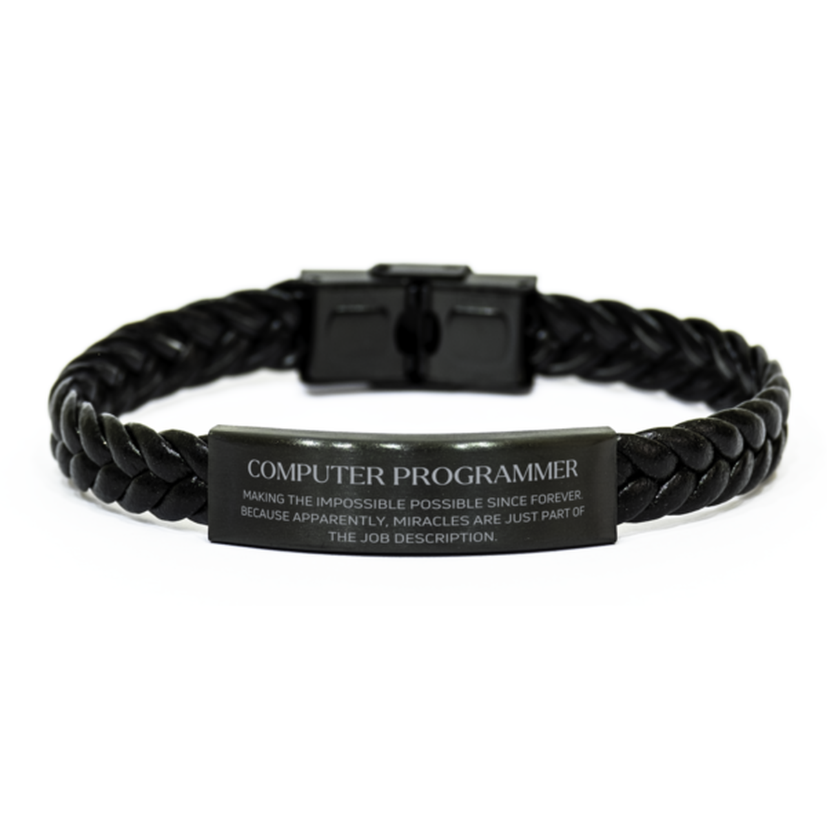 Funny Computer Programmer Gifts, Miracles are just part of the job description, Inspirational Birthday Braided Leather Bracelet For Computer Programmer, Men, Women, Coworkers, Friends, Boss