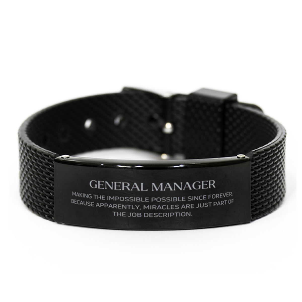 Funny General Manager Gifts, Miracles are just part of the job description, Inspirational Birthday Black Shark Mesh Bracelet For General Manager, Men, Women, Coworkers, Friends, Boss