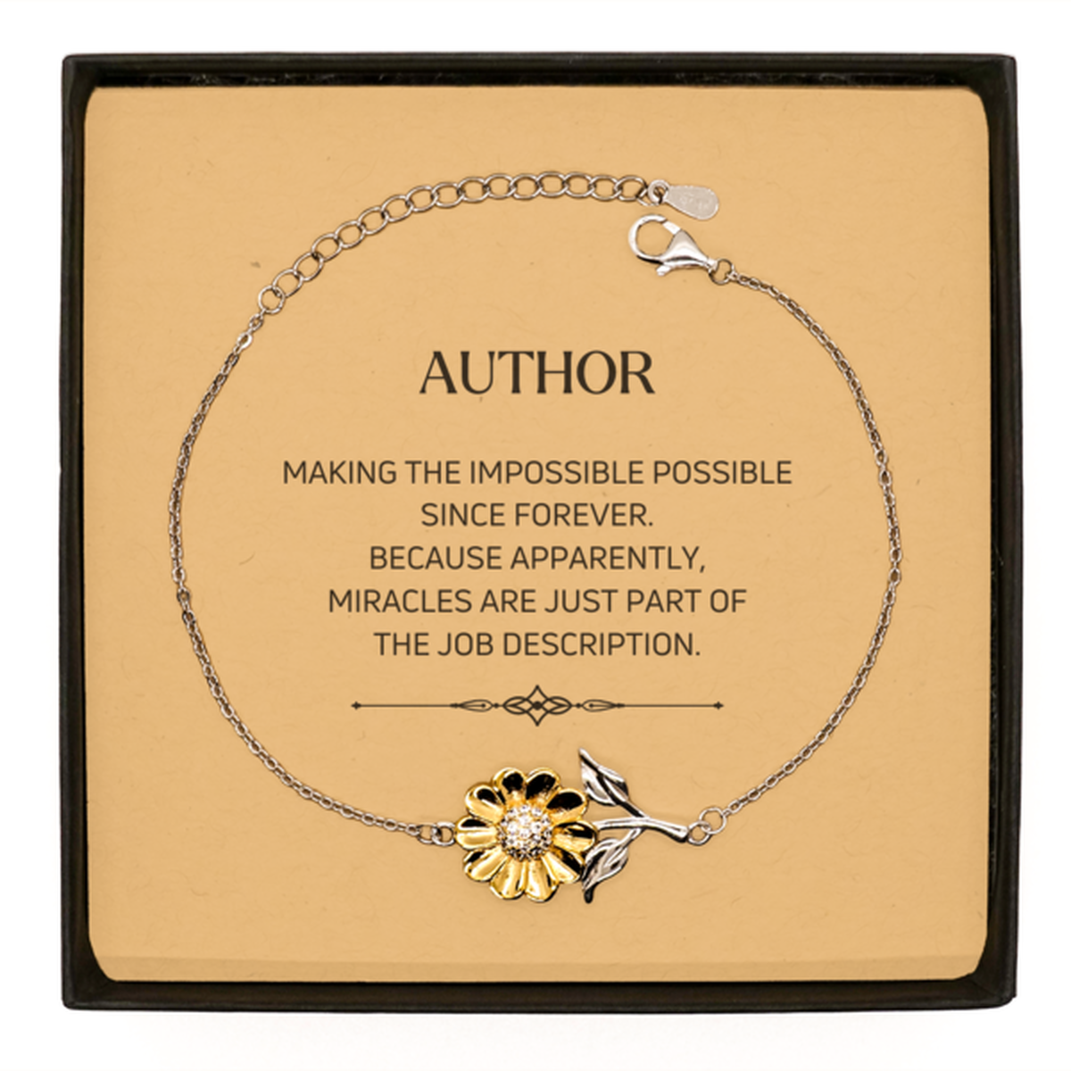 Funny Author Gifts, Miracles are just part of the job description, Inspirational Birthday Sunflower Bracelet For Author, Men, Women, Coworkers, Friends, Boss