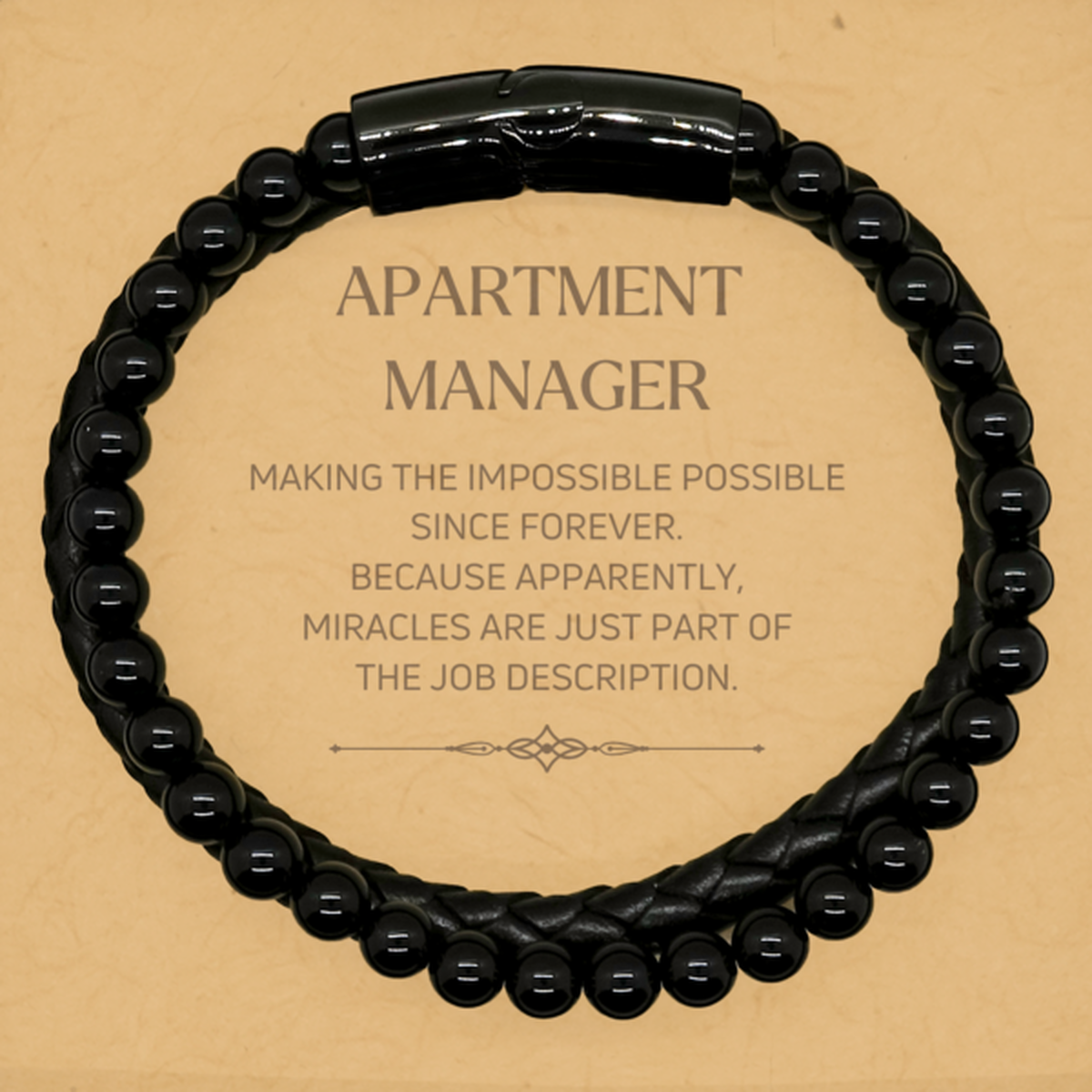 Funny Apartment Manager Gifts, Miracles are just part of the job description, Inspirational Birthday Stone Leather Bracelets For Apartment Manager, Men, Women, Coworkers, Friends, Boss