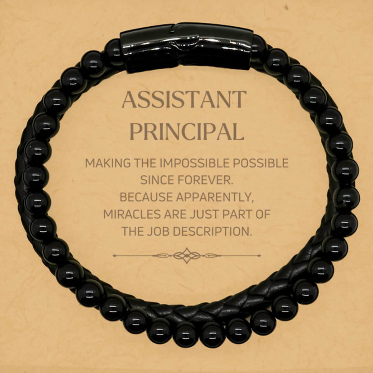 Funny Assistant Principal Gifts, Miracles are just part of the job description, Inspirational Birthday Stone Leather Bracelets For Assistant Principal, Men, Women, Coworkers, Friends, Boss