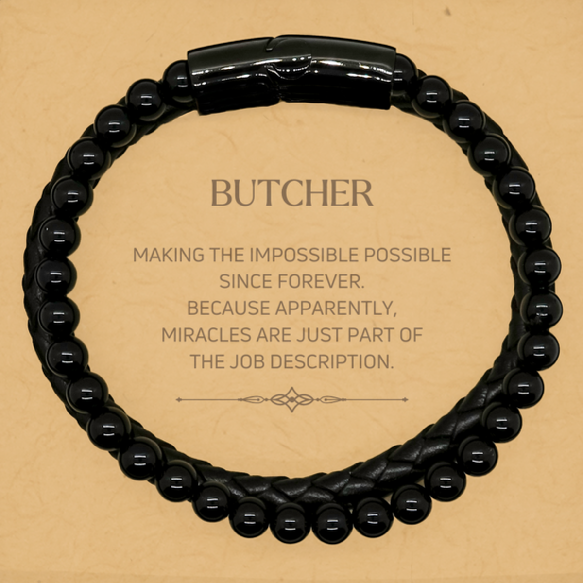 Funny Butcher Gifts, Miracles are just part of the job description, Inspirational Birthday Stone Leather Bracelets For Butcher, Men, Women, Coworkers, Friends, Boss