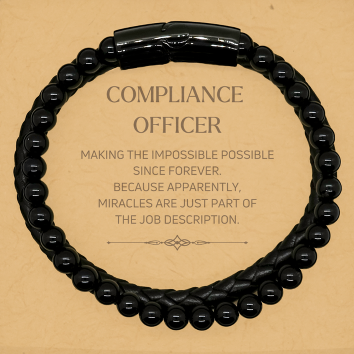 Funny Compliance Officer Gifts, Miracles are just part of the job description, Inspirational Birthday Stone Leather Bracelets For Compliance Officer, Men, Women, Coworkers, Friends, Boss