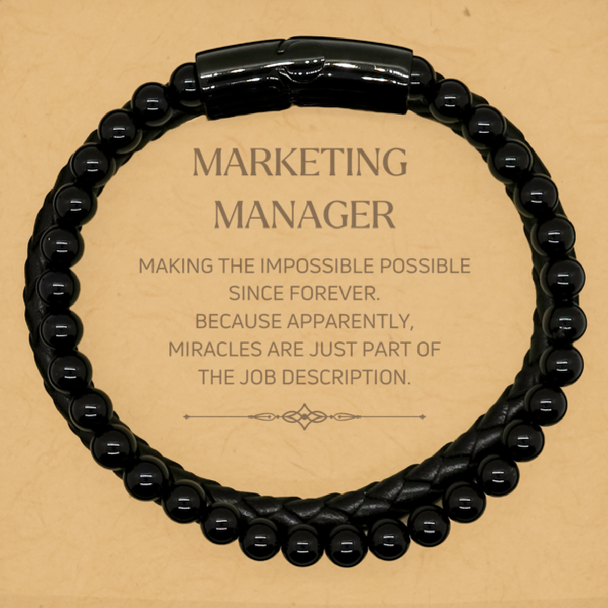 Funny Marketing Manager Gifts, Miracles are just part of the job description, Inspirational Birthday Stone Leather Bracelets For Marketing Manager, Men, Women, Coworkers, Friends, Boss