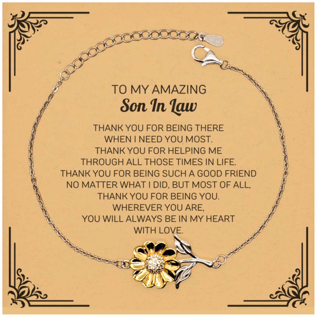 To My Amazing Son In Law Sunflower Bracelet, Thank you for being there, Thank You Gifts For Son In Law, Birthday, Christmas Unique Gifts For Son In Law