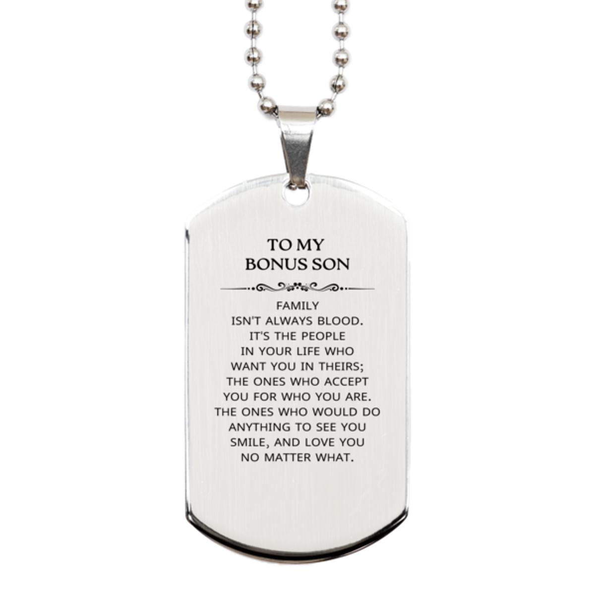 Bonus Son Silver Dog Tag Necklace - Family Isn't Always Blood | Birthday Christmas Gift