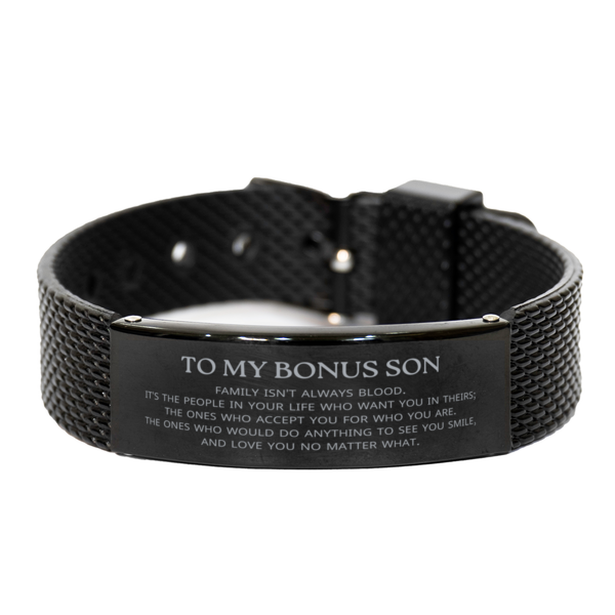 To My Bonus Son Gifts, Family isn't always blood, Bonus Son Black Shark Mesh Bracelet, Birthday Christmas Unique Present For Bonus Son