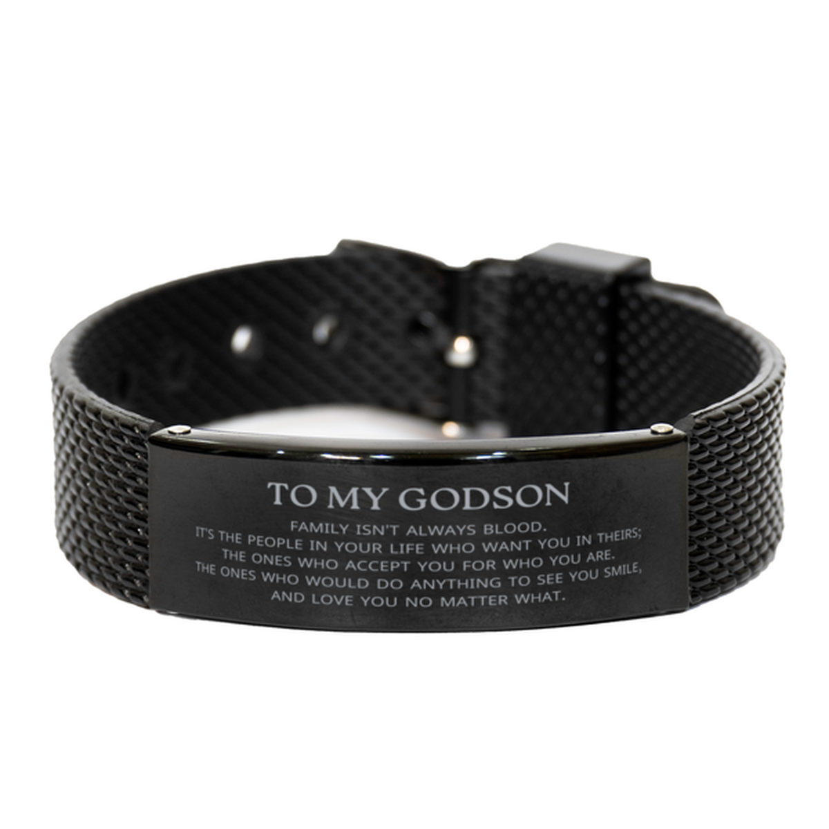To My Godson Gifts, Family isn't always blood, Godson Black Shark Mesh Bracelet, Birthday Christmas Unique Present For Godson