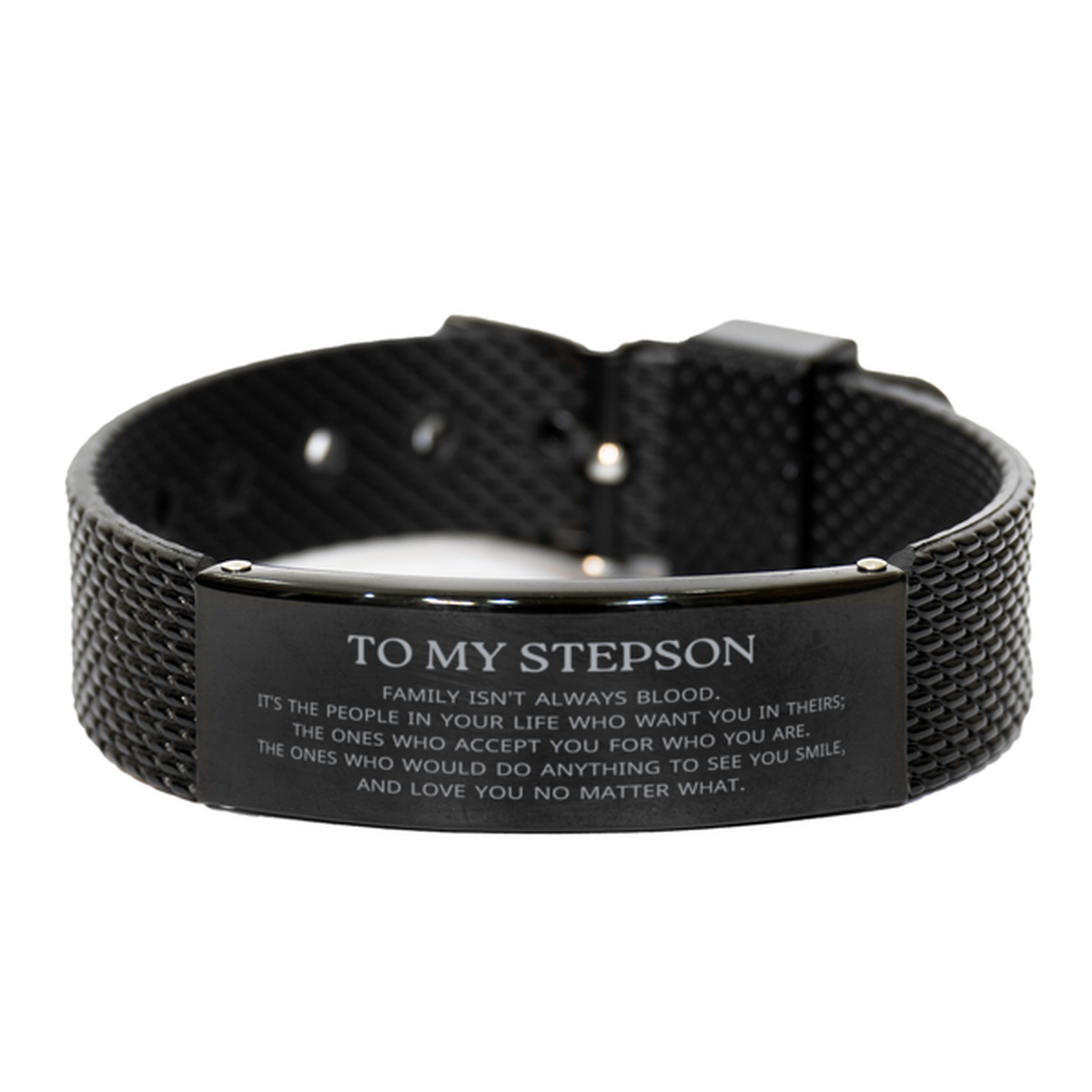 To My Stepson Gifts, Family isn't always blood, Stepson Black Shark Mesh Bracelet, Birthday Christmas Unique Present For Stepson