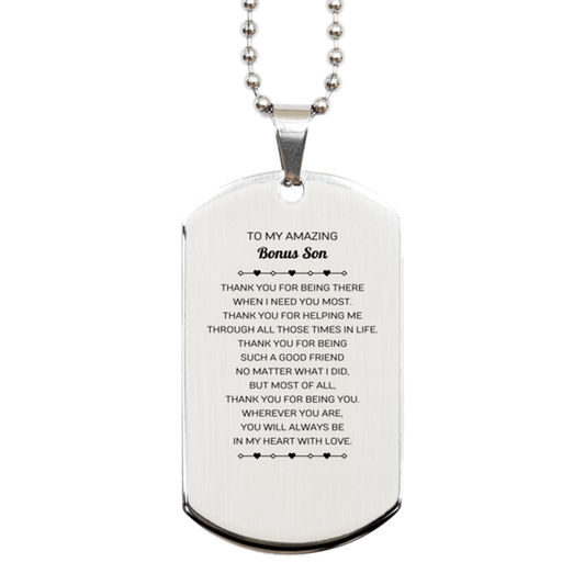 Bonus Son Silver Dog Tag Necklace - Thank You for Being There | Birthday & Christmas Gift