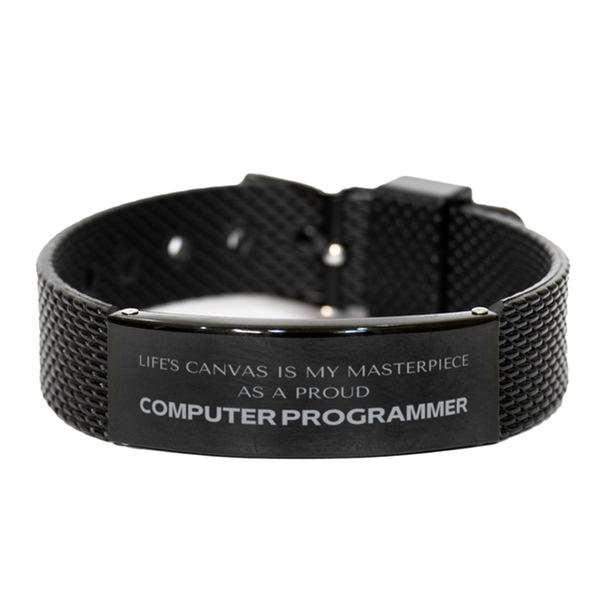 Proud Computer Programmer Gifts, Life's canvas is my masterpiece, Epic Birthday Christmas Unique Black Shark Mesh Bracelet For Computer Programmer, Coworkers, Men, Women, Friends